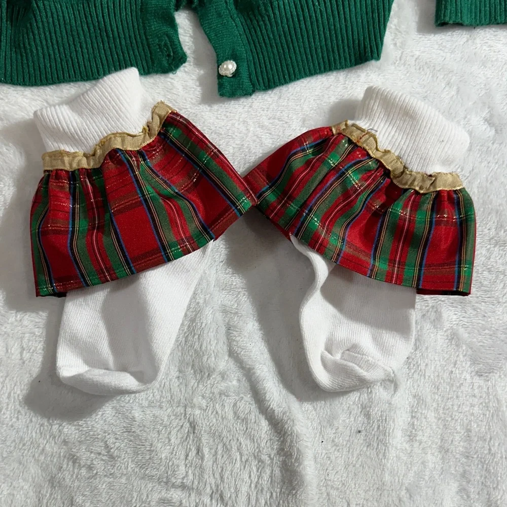 NWOT Plaid ruffle Socks ginger man embellishment & green pearl button cardigan 2